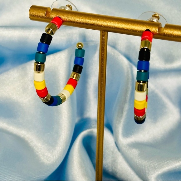 Colorful Beaded Hoop Earrings | Rainbow Statement Hoops 1.5" - Picture 2 of 9